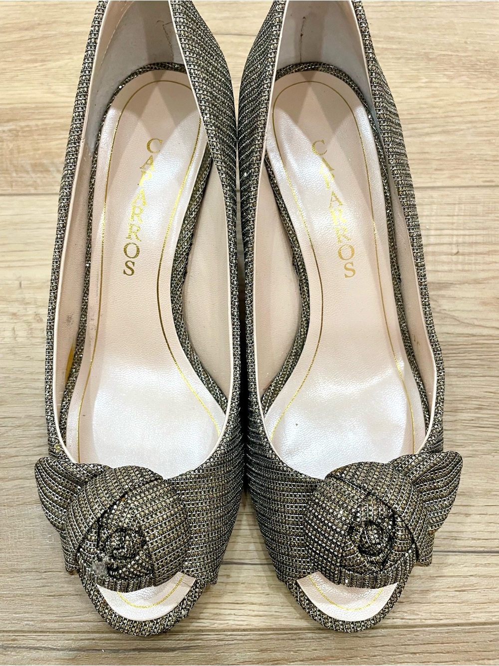 Caparros Willamena Peep Toe Rose Pump Heels Champagne‎ Dazzle Metallic Size 9
